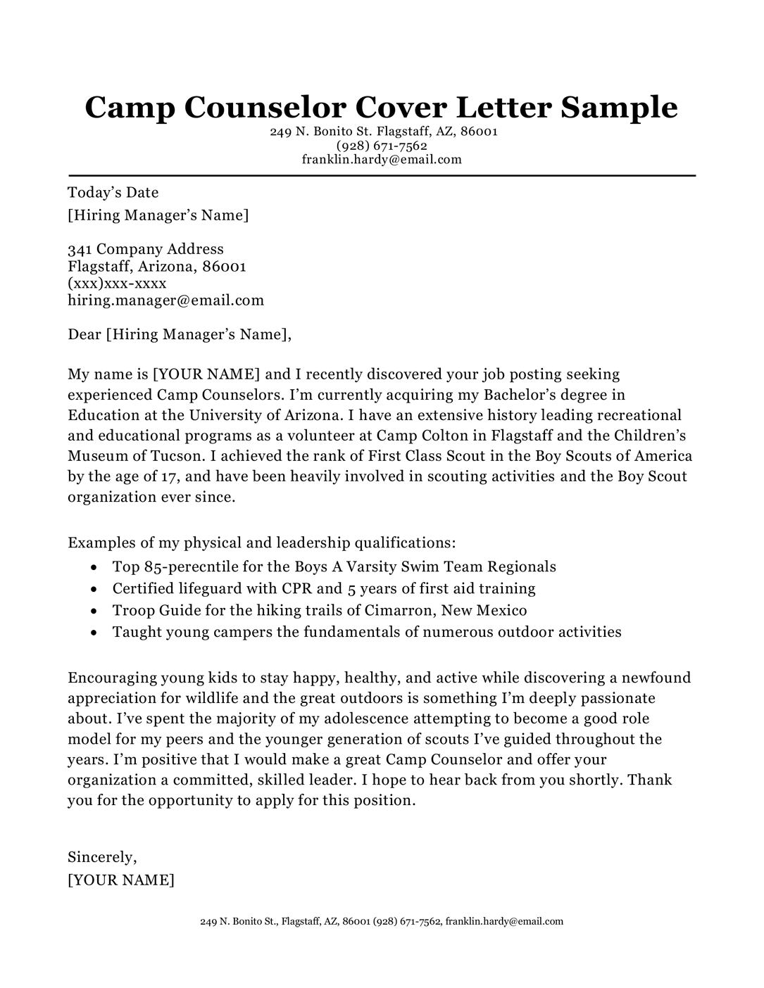 Camp counselor cover letter sample