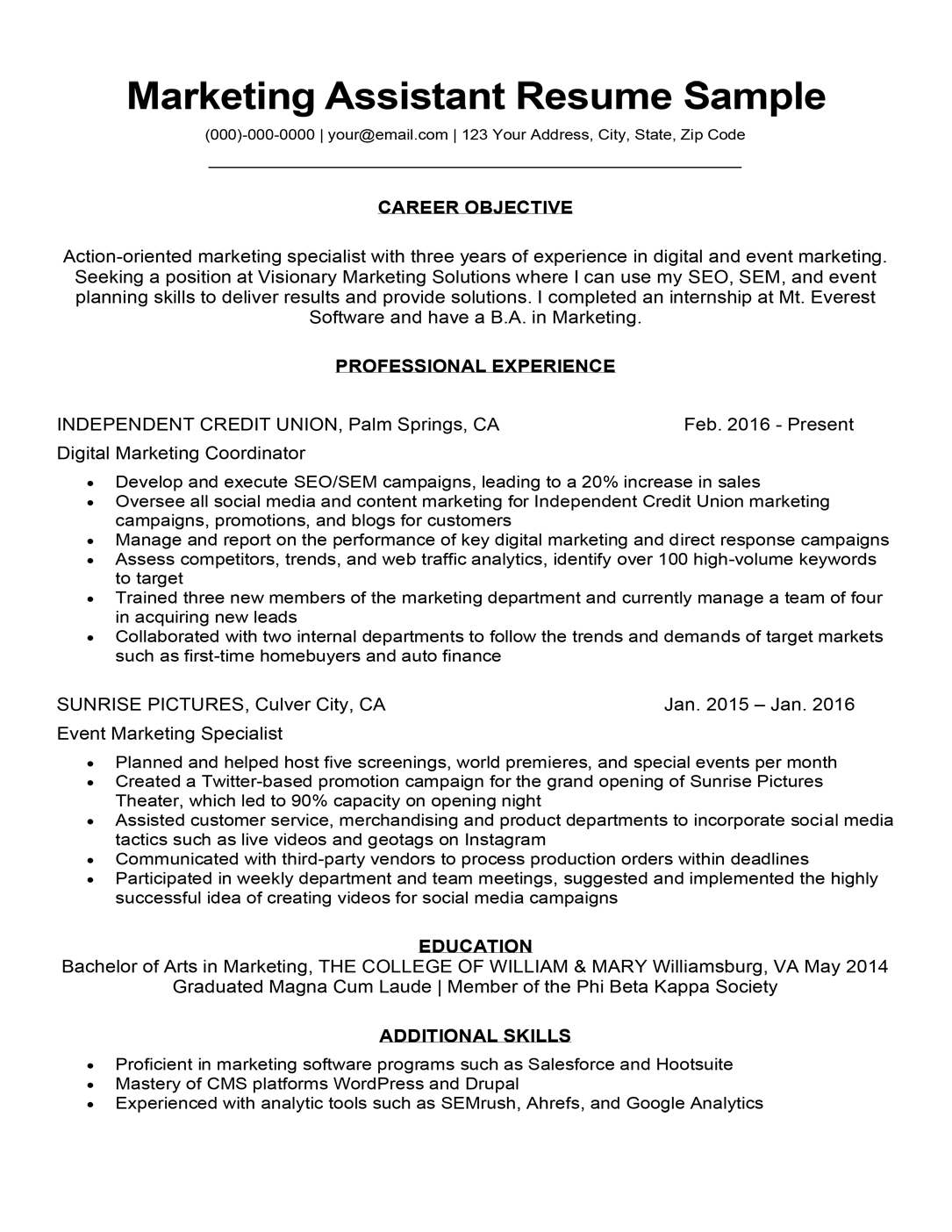 Marketing Assistant Resume Sample Tips ResumeCompanion
