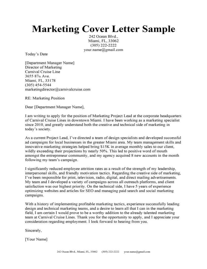 cover letter for head of marketing