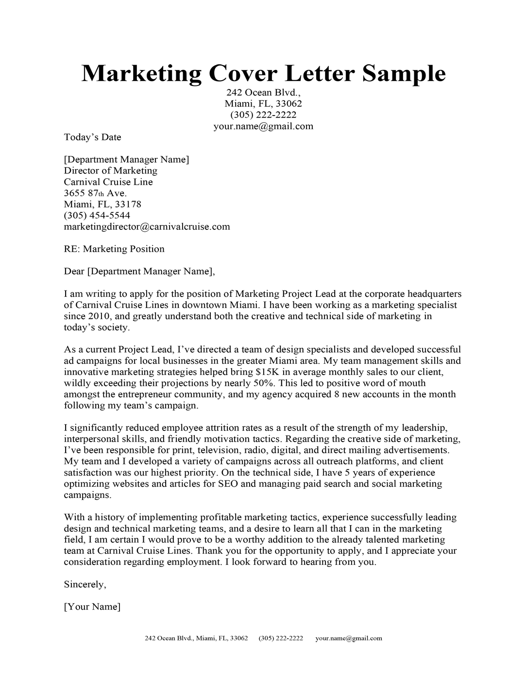 marketing manager example application letter