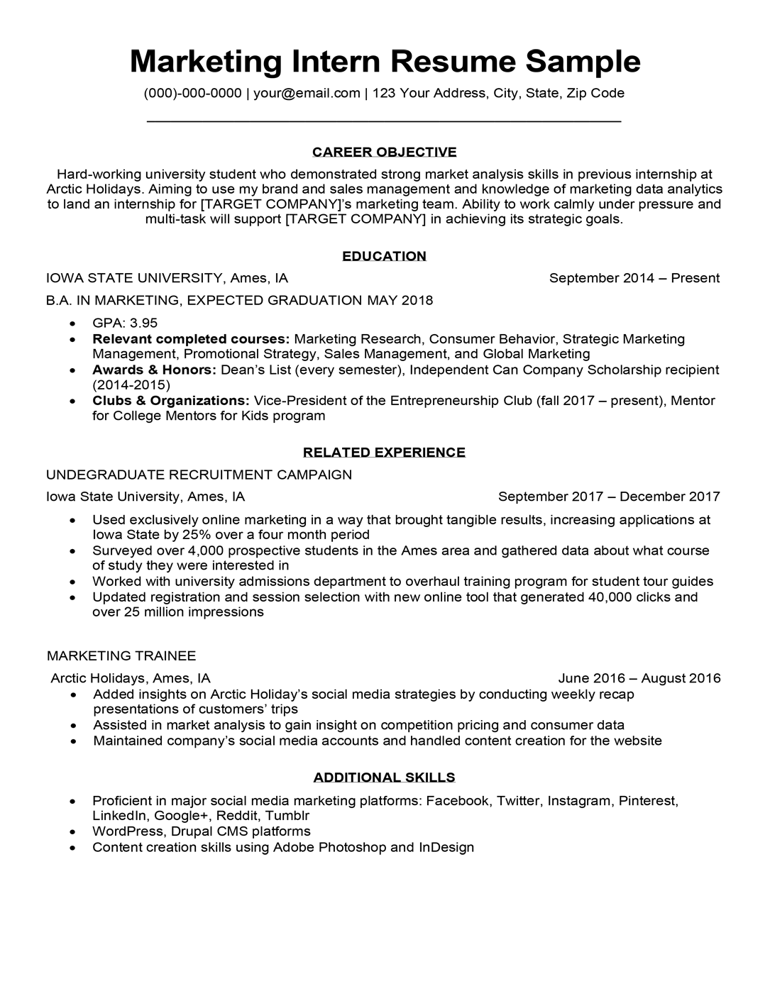 Graduate Student Resume For Internship - Collection ...