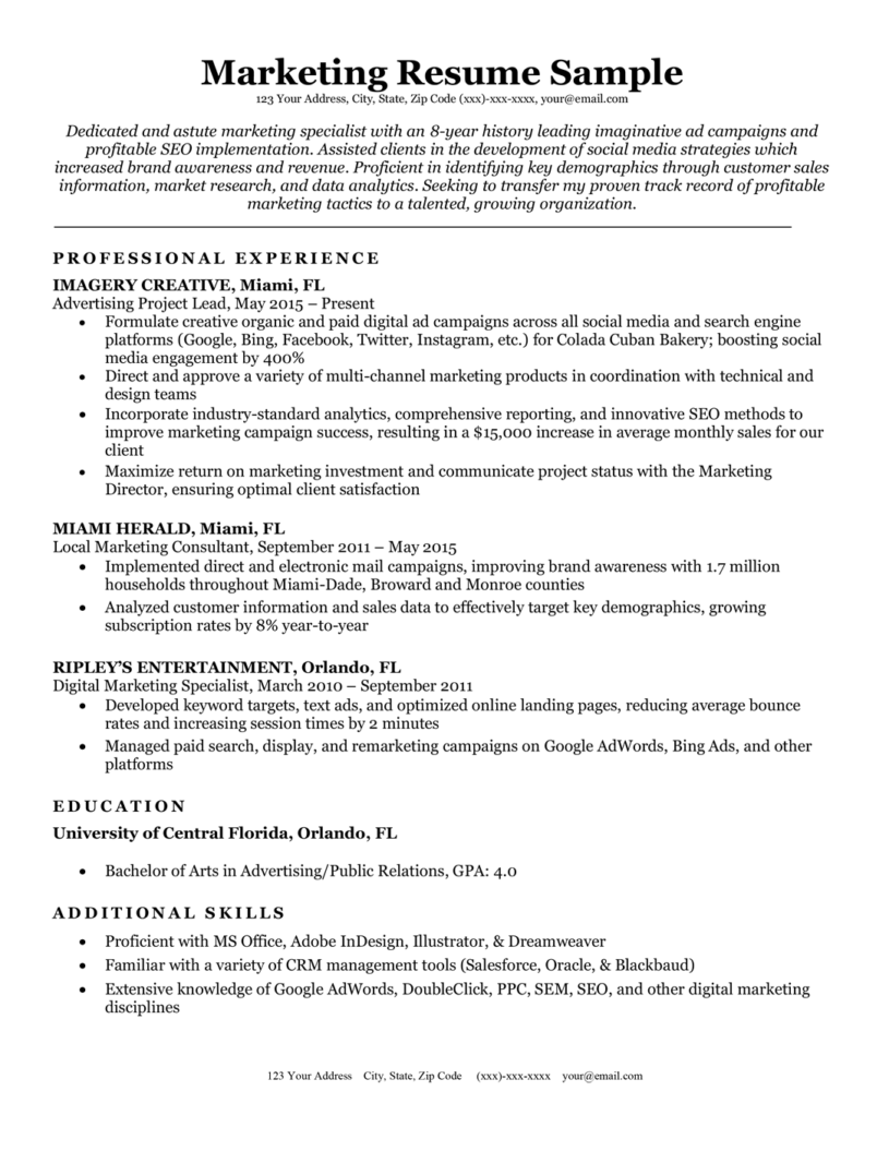 resume personal summary marketing