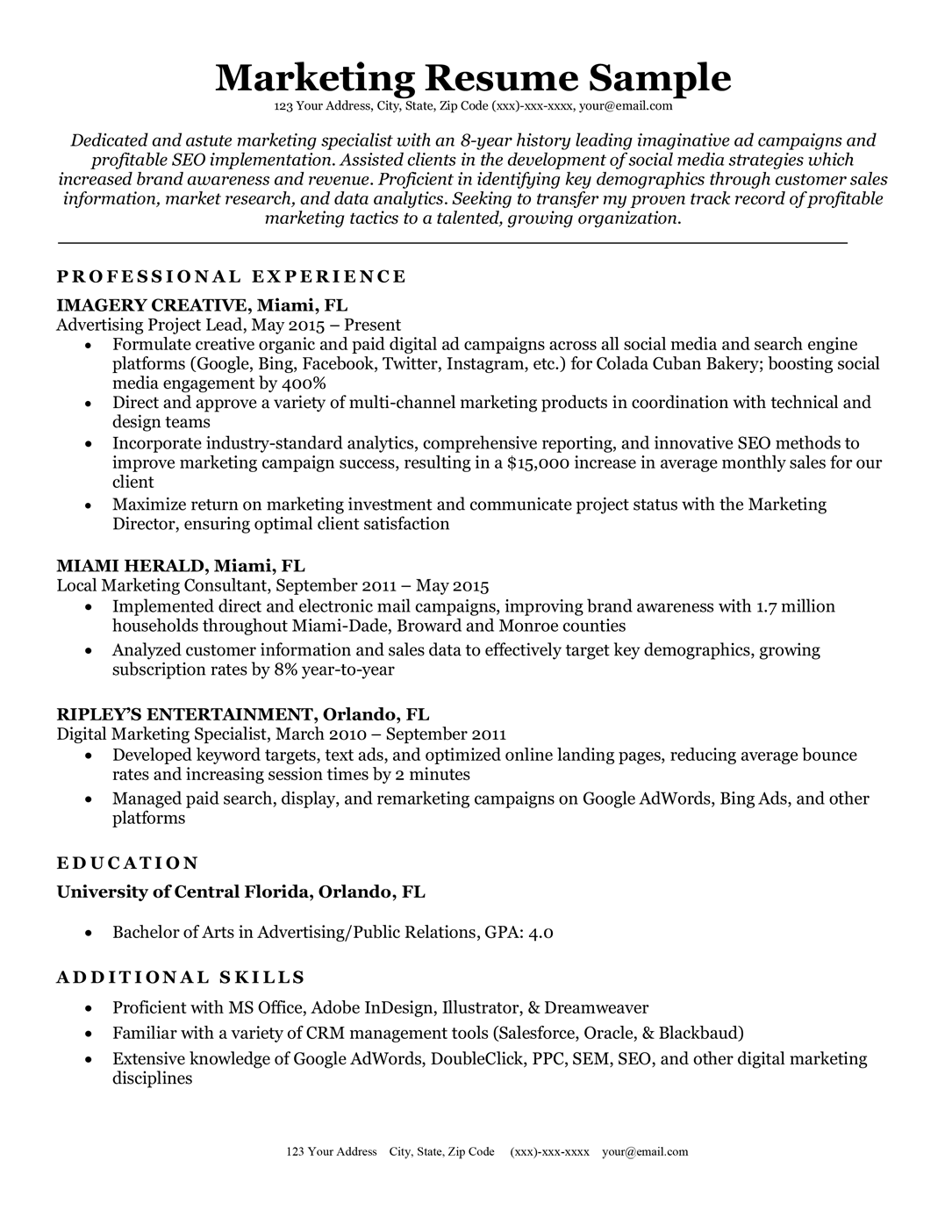 Marketing Resume Sample & Writing Tips Resume Companion