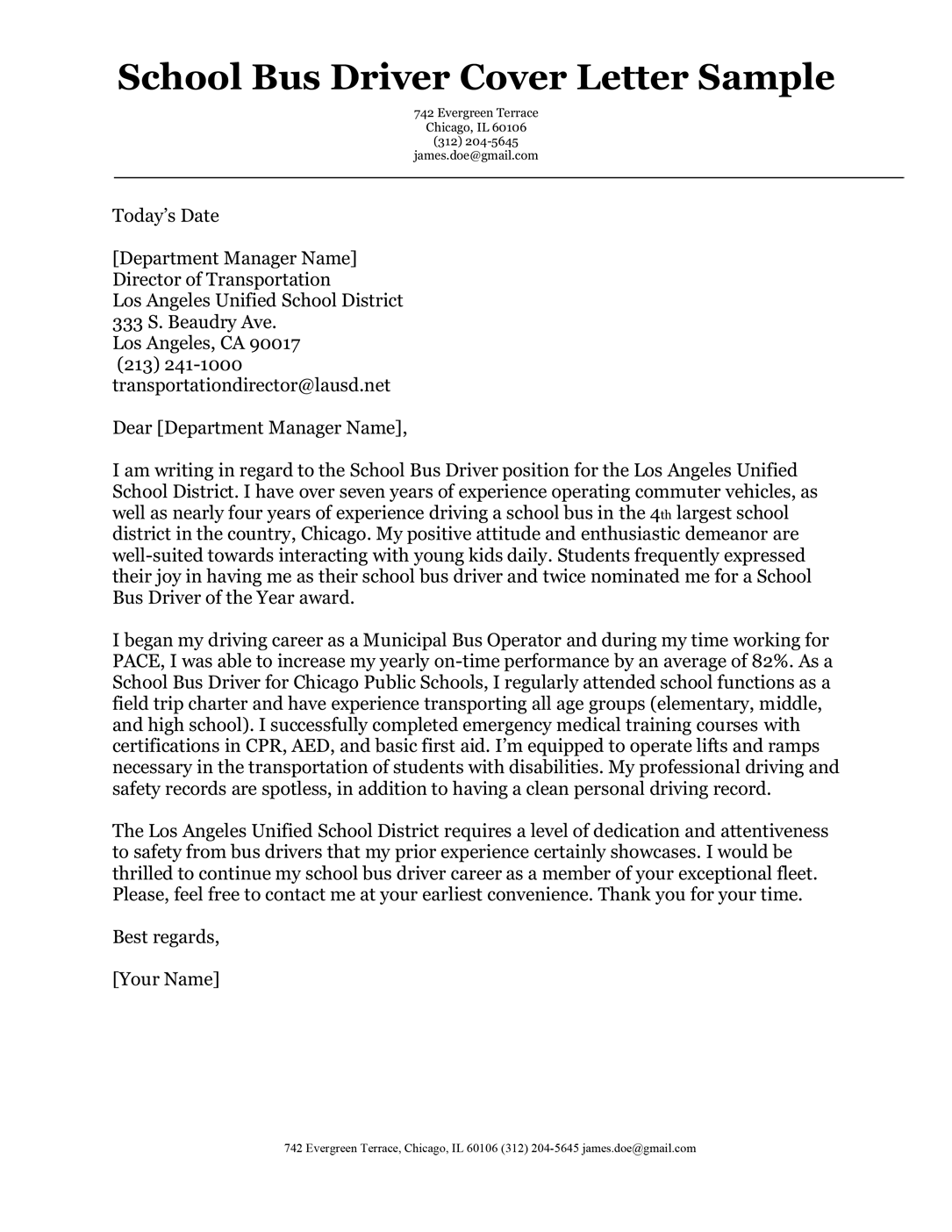 School bus driver cover letter sample