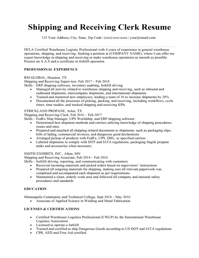 resume for shipping and receiving clerk