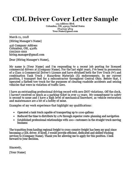 sample cover letter for school bus driver with no experience