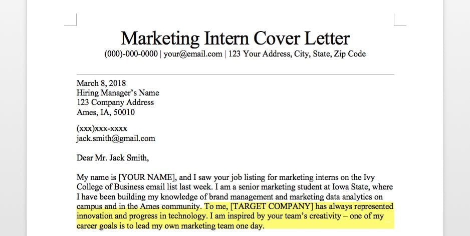 best cover letter for intern marketing