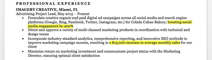 marketing resume quantify experience
