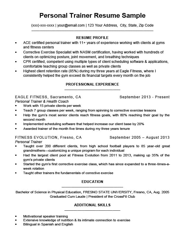 Personal Trainer Resume Sample & Writing Tips