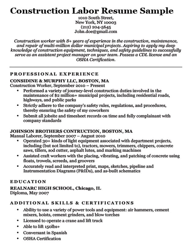 Construction Labor Resume Sample