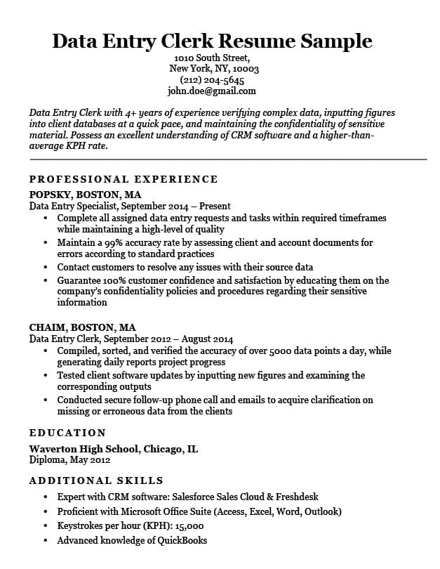 Data Entry Clerk Resume Sample Resume Companion