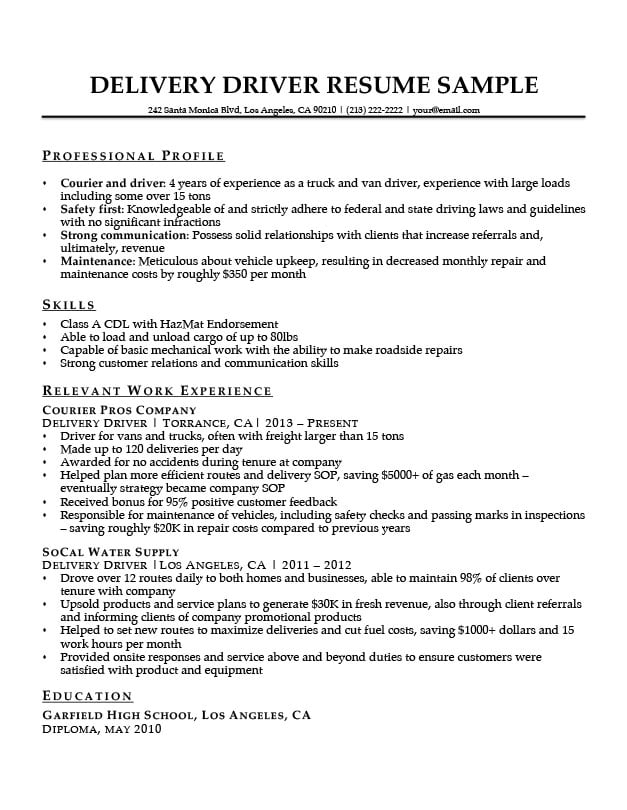 Delivery Driver Resume Sample | Resume Companion