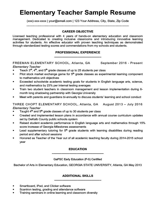 elementary teacher resume objective examples