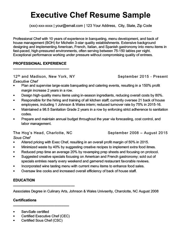 Executive Chef Resume Template   Executive Chef Resume Sample Download 