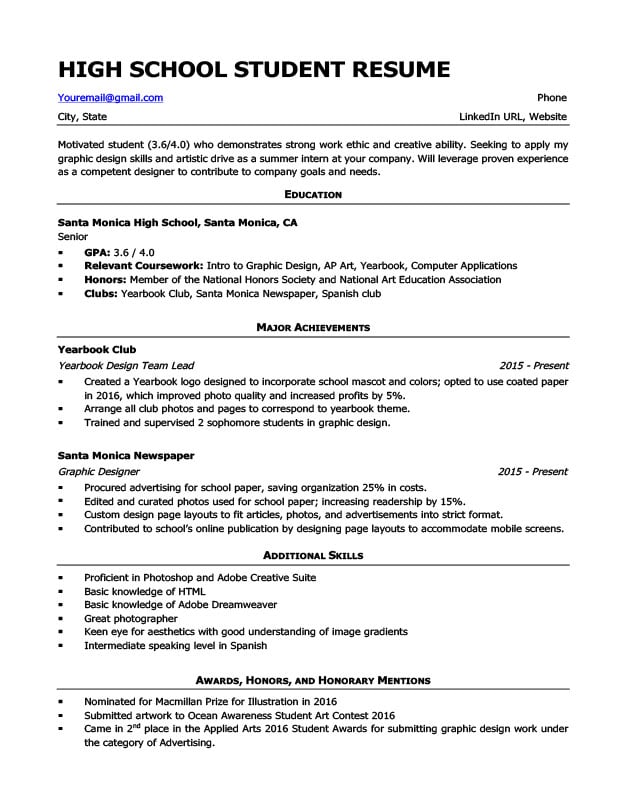 High School Resume Example and Writing Tips [ ]