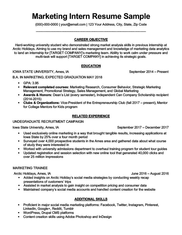 Marketing Intern Resume Sample & Writing Tips