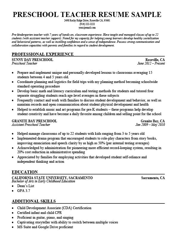 resume samples for preschool assistant teachers