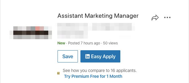 exemple d'emploi d'assistant marketing manager LinkedIn, avec le bouton Easy Apply clairement visible
