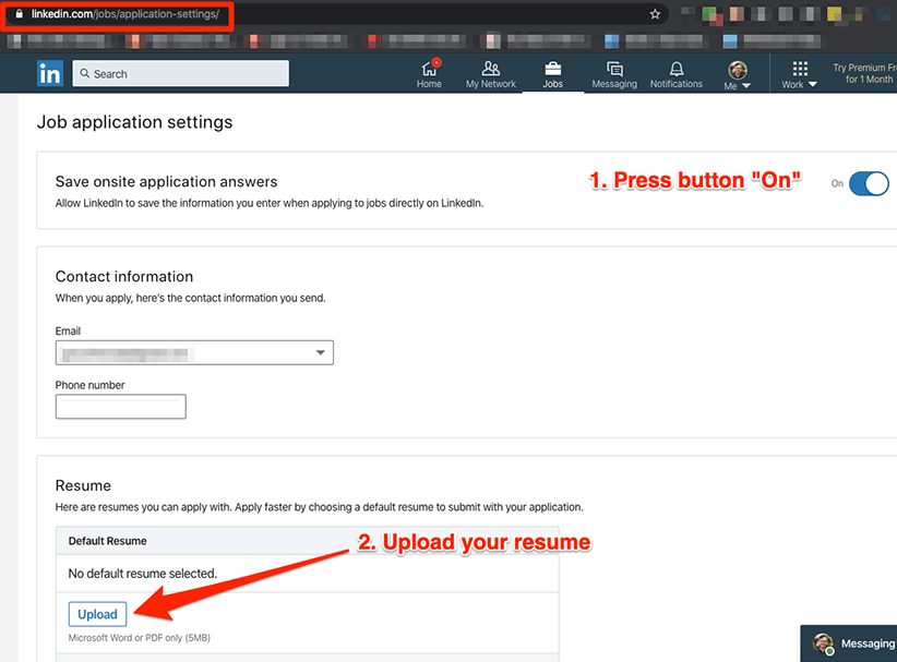 screenshot detailing how to upload your resume to LinkedIn by pressing two specific buttons