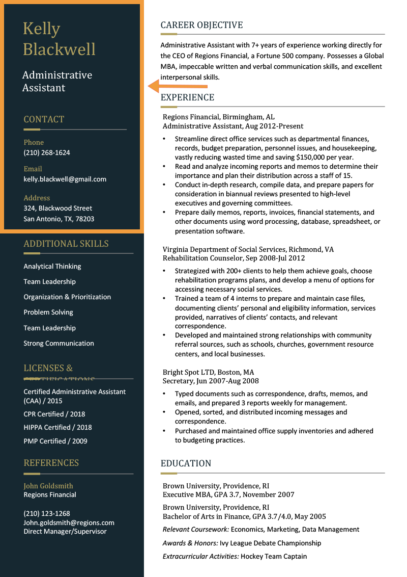 Vertical resume header example