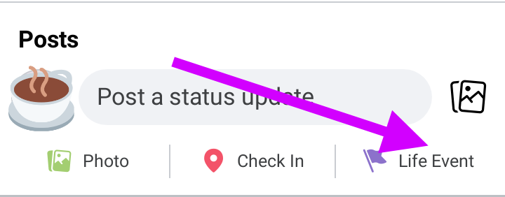 Screenshot with an arrow pointing to the life events tab in Facebook.